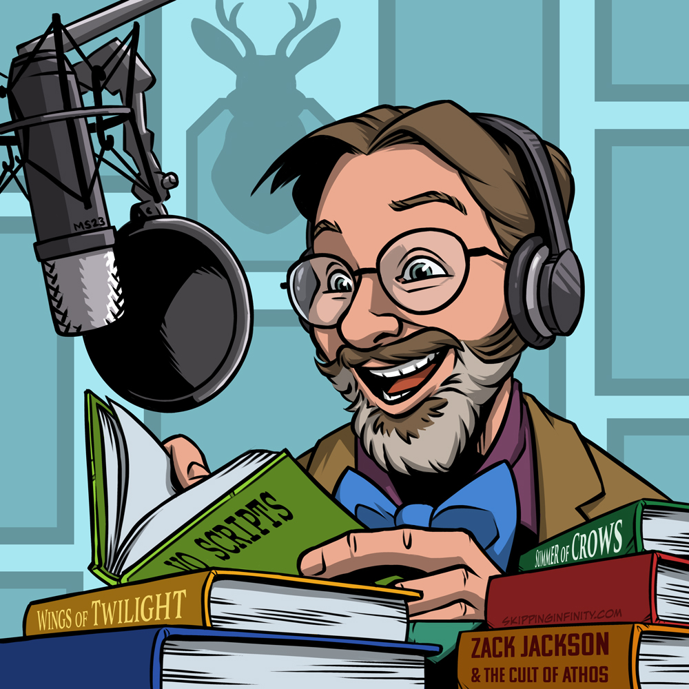 A cartoon-style drawing of a white man with short brown hair and a short beard and mustache. He is sitting in front of a stack of books and a boom microphone. He is smiling.